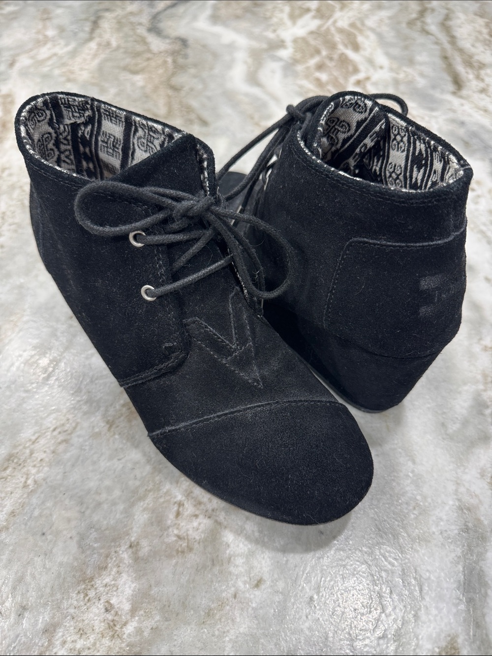Toms Desert Black Suede Lace-Up Wedge Ankle Booties
